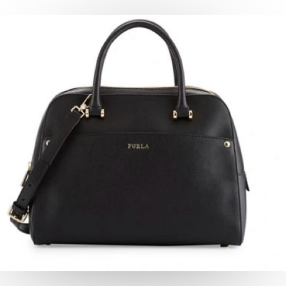 FURLA Margot Small Saffiano Leather Satchel Bag In Black with Gold Hardware